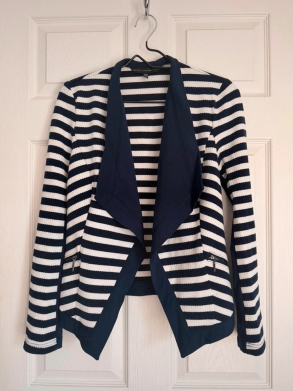 White House Black Market Navy & White Striped Open-Front Jacket